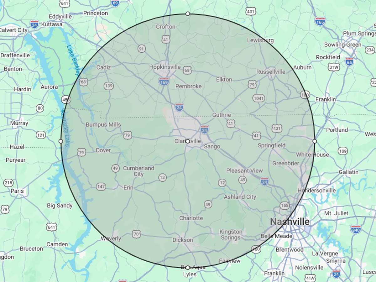 Todd King Home Inspections 40-mile service area map centered on Clarksville Tennessee